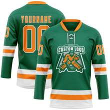 Charger l'image dans la galerie, Custom Kelly Green Bay Orange-White Hockey Lace Neck Jersey
