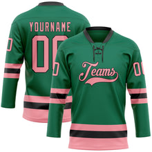 Load image into Gallery viewer, Custom Kelly Green Medium Pink-Black Hockey Lace Neck Jersey