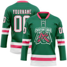 Charger l'image dans la galerie, Custom Kelly Green White-Neon Pink Hockey Lace Neck Jersey