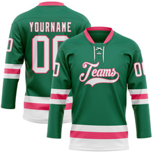 Charger l'image dans la galerie, Custom Kelly Green White-Neon Pink Hockey Lace Neck Jersey