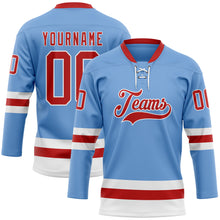 Load image into Gallery viewer, Custom Light Blue Red-White Hockey Lace Neck Jersey