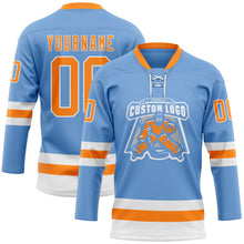 Load image into Gallery viewer, Custom Light Blue Bay Orange-White Hockey Lace Neck Jersey