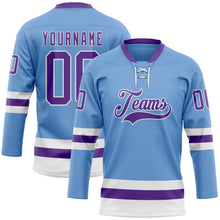 Load image into Gallery viewer, Custom Light Blue Purple-White Hockey Lace Neck Jersey