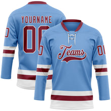 Load image into Gallery viewer, Custom Light Blue Crimson-White Hockey Lace Neck Jersey
