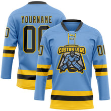 Charger l'image dans la galerie, Custom Light Blue Black-Yellow Hockey Lace Neck Jersey