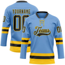 Charger l'image dans la galerie, Custom Light Blue Black-Yellow Hockey Lace Neck Jersey
