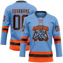 Charger l'image dans la galerie, Custom Light Blue Black-Orange Hockey Lace Neck Jersey