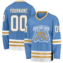 Charger l'image dans la galerie, Custom Light Blue White-Old Gold Hockey Jersey