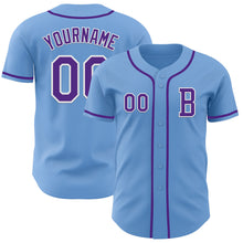 Laden Sie das Bild in den Galerie-Viewer, Custom Light Blue Purple-White Authentic Baseball Jersey