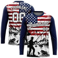 Load image into Gallery viewer, Custom Navy Black-Red 3D American Flag And Fish Fishing Long Sleeve Performance T-Shirt