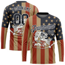 Загрузить изображение в средство просмотра галереи, Custom Old Gold Navy-Red 3D American Flag And Fish Fishing Long Sleeve Performance T-Shirt