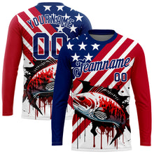 Загрузить изображение в средство просмотра галереи, Custom US Navy Blue Red-White 3D American Flag And Bass Fish Fishing Long Sleeve Performance T-Shirt