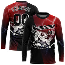 Load image into Gallery viewer, Custom Red Black-White 3D Lightning And Bass Fish Fishing Long Sleeve Performance T-Shirt