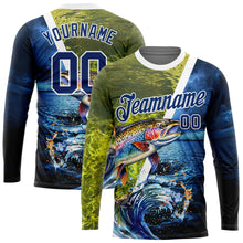 Load image into Gallery viewer, Custom US Navy Blue White 3D Rainbow Trout Fish Fishing Long Sleeve Performance T-Shirt