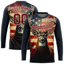 Laden Sie das Bild in den Galerie-Viewer, Custom Navy Crimson-City Cream 3D Animal Deer Hunting American Flag Long Sleeve Performance T-Shirt