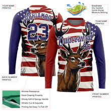 Laden Sie das Bild in den Galerie-Viewer, Custom Red Purple-White 3D Animal Deer Hunting American Flag Long Sleeve Performance T-Shirt