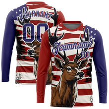 Laden Sie das Bild in den Galerie-Viewer, Custom Red Purple-White 3D Animal Deer Hunting American Flag Long Sleeve Performance T-Shirt