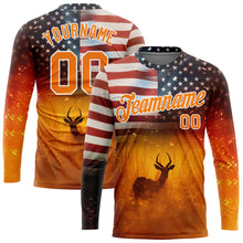 Laden Sie das Bild in den Galerie-Viewer, Custom Bay Orange White 3D Animal Deer Hunting American Flag Long Sleeve Performance T-Shirt
