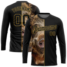 Laden Sie das Bild in den Galerie-Viewer, Custom Black Old Gold 3D Animal Boar Hunting Long Sleeve Performance T-Shirt