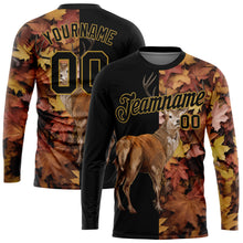 Laden Sie das Bild in den Galerie-Viewer, Custom Black Old Gold 3D Animal Deer Hunting Long Sleeve Performance T-Shirt