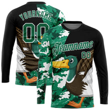 Laden Sie das Bild in den Galerie-Viewer, Custom Black Kelly Green-Camo 3D Animal Duck Hunting Long Sleeve Performance T-Shirt