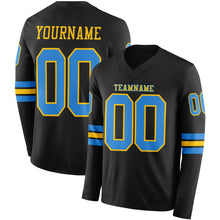 Load image into Gallery viewer, Custom Black Powder Blue-Yellow Long Sleeve Authentic Football Jersey