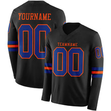 Load image into Gallery viewer, Custom Black Royal-Orange Long Sleeve Authentic Football Jersey