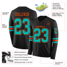 Laden Sie das Bild in den Galerie-Viewer, Custom Black Aqua-Orange Long Sleeve Authentic Football Jersey