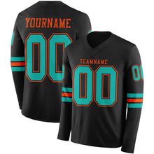 Laden Sie das Bild in den Galerie-Viewer, Custom Black Aqua-Orange Long Sleeve Authentic Football Jersey