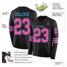 Load image into Gallery viewer, Custom Black Pink-Sky Blue Long Sleeve Authentic Football Jersey