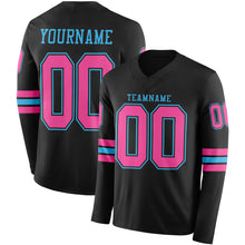 Load image into Gallery viewer, Custom Black Pink-Sky Blue Long Sleeve Authentic Football Jersey