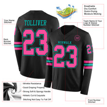 Load image into Gallery viewer, Custom Black Pink-Aqua Long Sleeve Authentic Football Jersey