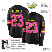 Load image into Gallery viewer, Custom Black Pink-Light Yellow Long Sleeve Authentic Football Jersey