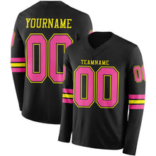 Load image into Gallery viewer, Custom Black Pink-Light Yellow Long Sleeve Authentic Football Jersey