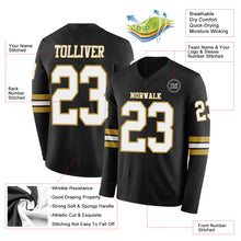 Load image into Gallery viewer, Custom Black White-Old Gold Long Sleeve Authentic Football Jersey