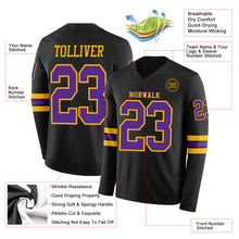 Load image into Gallery viewer, Custom Black Purple-Gold Long Sleeve Authentic Football Jersey