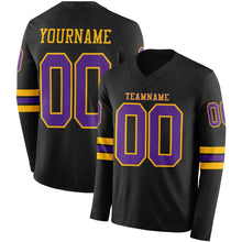 Load image into Gallery viewer, Custom Black Purple-Gold Long Sleeve Authentic Football Jersey