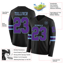 Load image into Gallery viewer, Custom Black Purple-Light Blue Long Sleeve Authentic Football Jersey