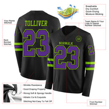 Load image into Gallery viewer, Custom Black Purple-Neon Green Long Sleeve Authentic Football Jersey