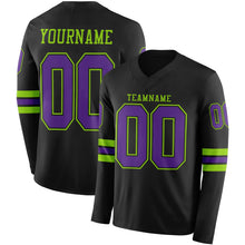 Load image into Gallery viewer, Custom Black Purple-Neon Green Long Sleeve Authentic Football Jersey