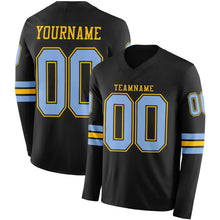 Load image into Gallery viewer, Custom Black Light Blue-Yellow Long Sleeve Authentic Football Jersey