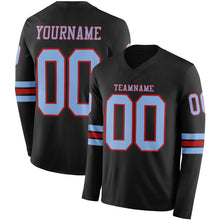 Load image into Gallery viewer, Custom Black Light Blue-Red Long Sleeve Authentic Football Jersey