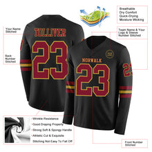 Load image into Gallery viewer, Custom Black Crimson-Old Gold Long Sleeve Authentic Football Jersey