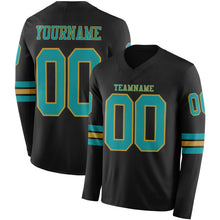 Load image into Gallery viewer, Custom Black Teal-Old Gold Long Sleeve Authentic Football Jersey