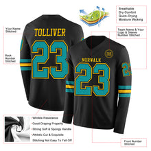 Load image into Gallery viewer, Custom Black Teal-Yellow Long Sleeve Authentic Football Jersey