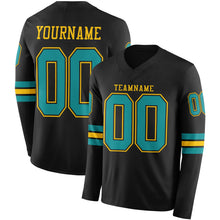 Load image into Gallery viewer, Custom Black Teal-Yellow Long Sleeve Authentic Football Jersey