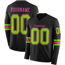 Load image into Gallery viewer, Custom Black Neon Green-Pink Long Sleeve Authentic Football Jersey