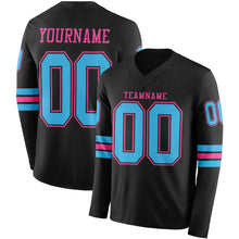 Load image into Gallery viewer, Custom Black Sky Blue-Pink Long Sleeve Authentic Football Jersey
