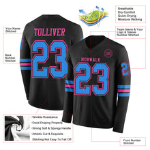 Load image into Gallery viewer, Custom Black Powder Blue-Pink Long Sleeve Authentic Football Jersey