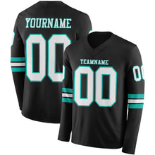 Laden Sie das Bild in den Galerie-Viewer, Custom Black White-Aqua Long Sleeve Authentic Football Jersey